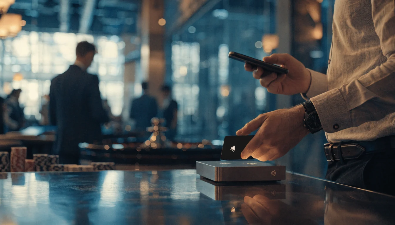 Spieler in moderner Casino-Lobby zahlt kontaktlos mit Jeton-Card am Smartphone
