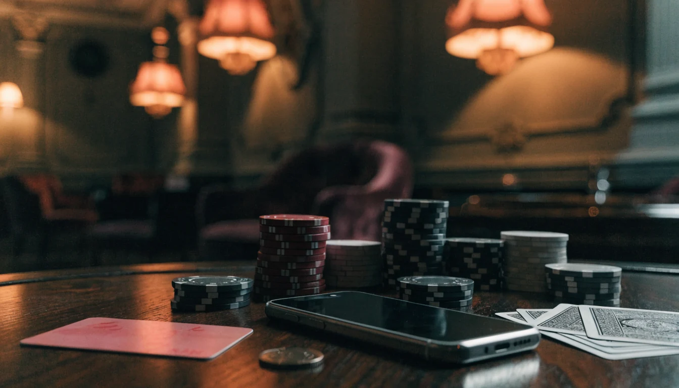 Smartphone verdeckt auf Spieltisch mit Chips, Karten und rosa Bankkarte