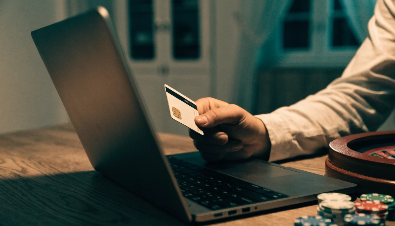 Hand mit EC-Karte neben Laptop und Casino-Chips auf Schreibtisch