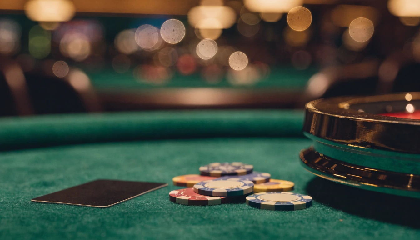 Eleganter Casinotisch mit Kreditkarte, Spielchips und Roulette in warmer Atmosphäre