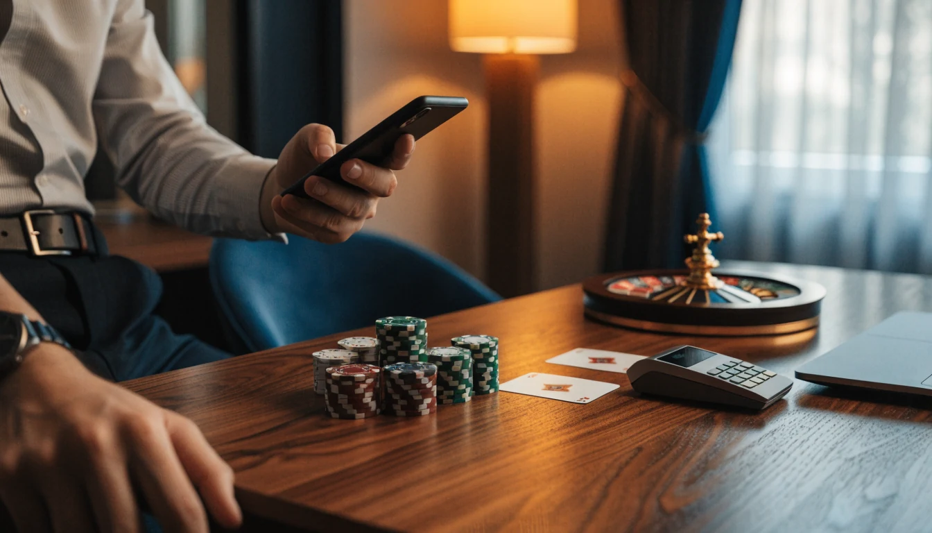 Person am Schreibtisch mit Smartphone, Pokerchips und Roulette-Rad für Online-Casino-Zahlung
