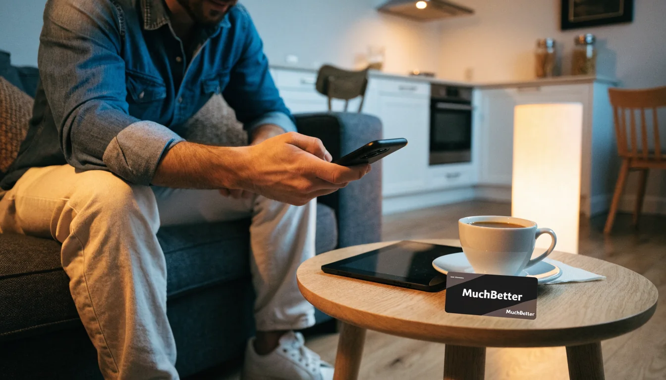 Mann mit Smartphone und MuchBetter-Karte auf dem Sofa