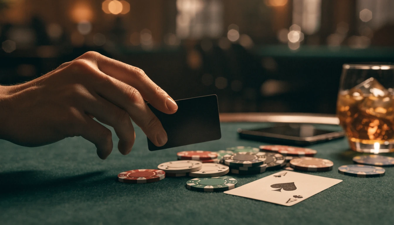 Kreditkarte über Casino-Chips und Smartphone am Spieltisch