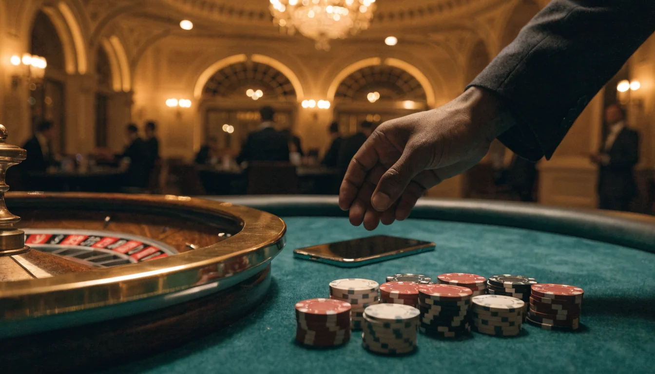Nahaufnahme eines eleganten Casino-Tisches mit Spielchips, Rouletterad und Smartphone im Hintergrund