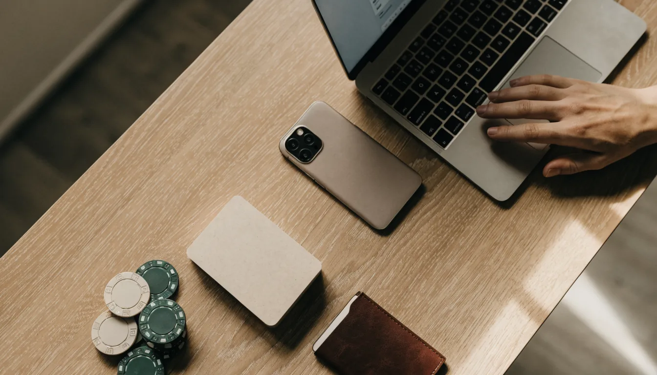 Flachbild eines Schreibtischs mit Laptop, Smartphone, Pokerchips und Kartenspiel als Symbol für sichere Online-Zahlung