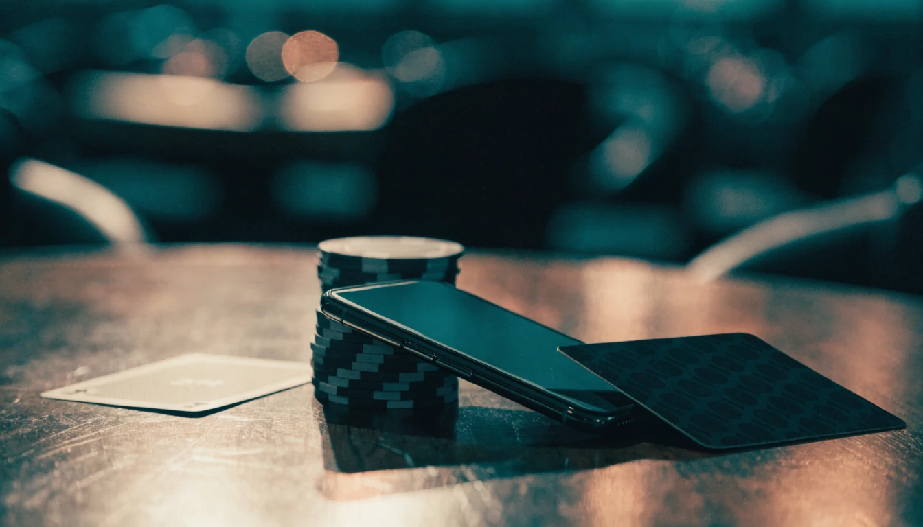Smartphone mit Revolut-Karte und Casino-Chips auf Tisch