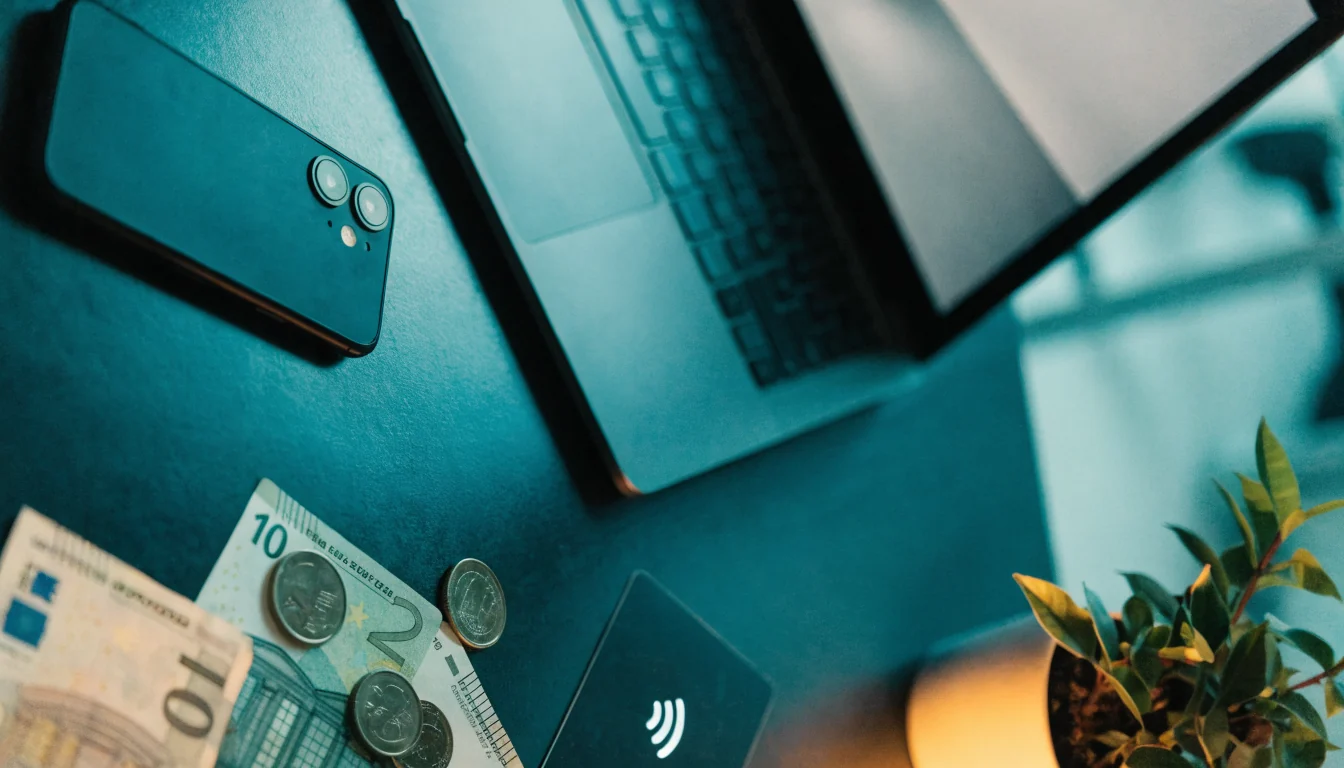 Smartphone, EC-Karte und Euro-Geld auf einem modernen Schreibtisch