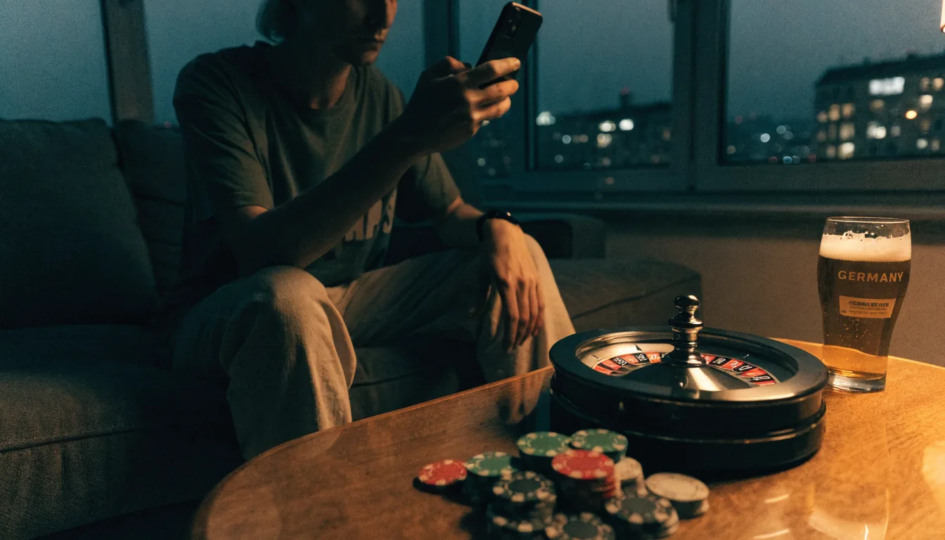 Spieler mit Smartphone zu Hause in Deutschland neben Roulette und Pokerchips
