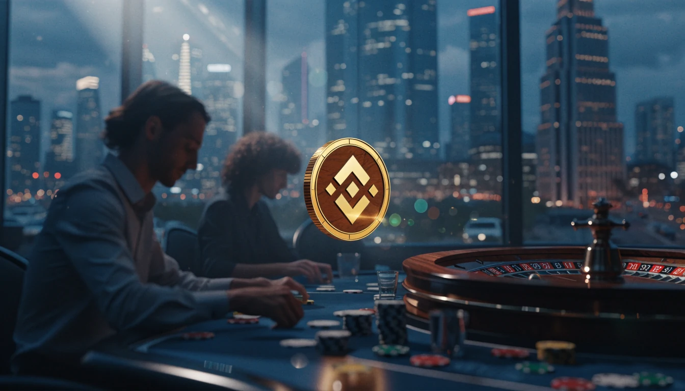 BNB Münze schwebt über Casinotisch mit Chips und Roulette