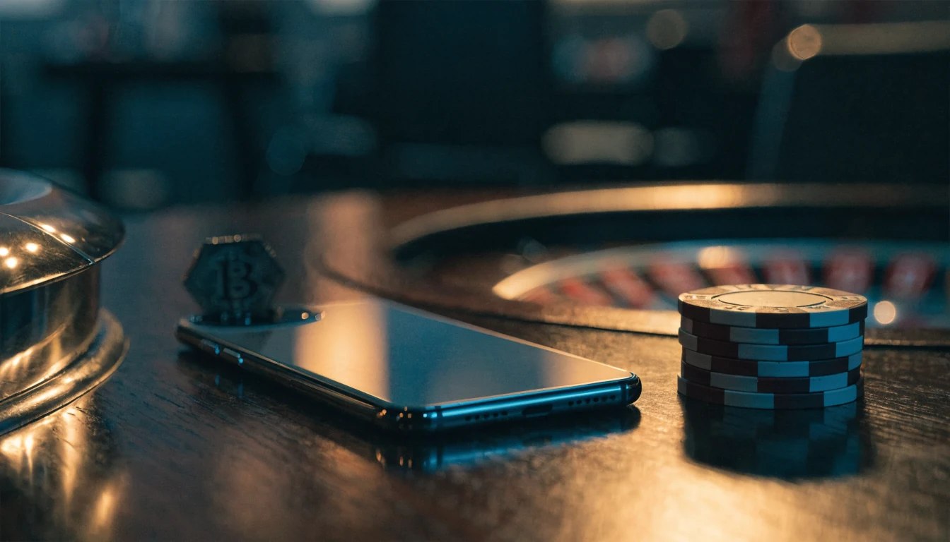 Smartphone auf einem Casino-Tisch mit Pokerchips und Roulette, dezente Krypto-Münze daneben
