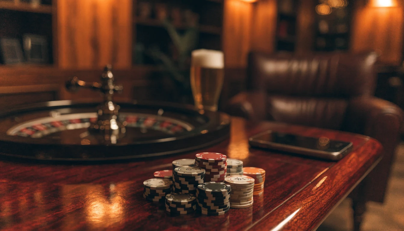 Gemütliche Casino-Lounge mit Pokerchips und Roulette in warmem Licht