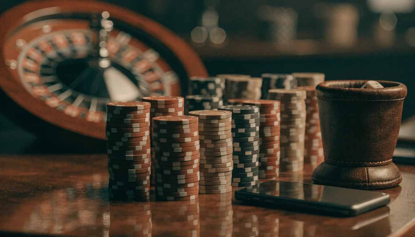 Casino-Chips und Roulette-Tisch in gedämpftem Licht, Smartphone mit abgewandtem Bildschirm.