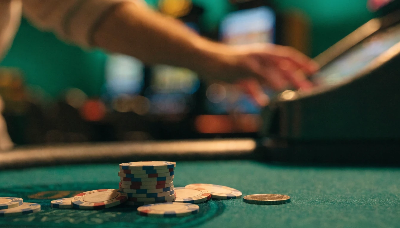Kleine Spielchips und Euromünzen auf grünem Filz vor Spielautomat