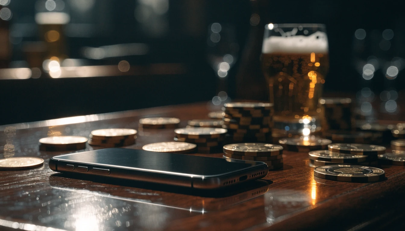 Smartphone mit Casino-Chips und Goldmünzen auf dunklem Holztisch