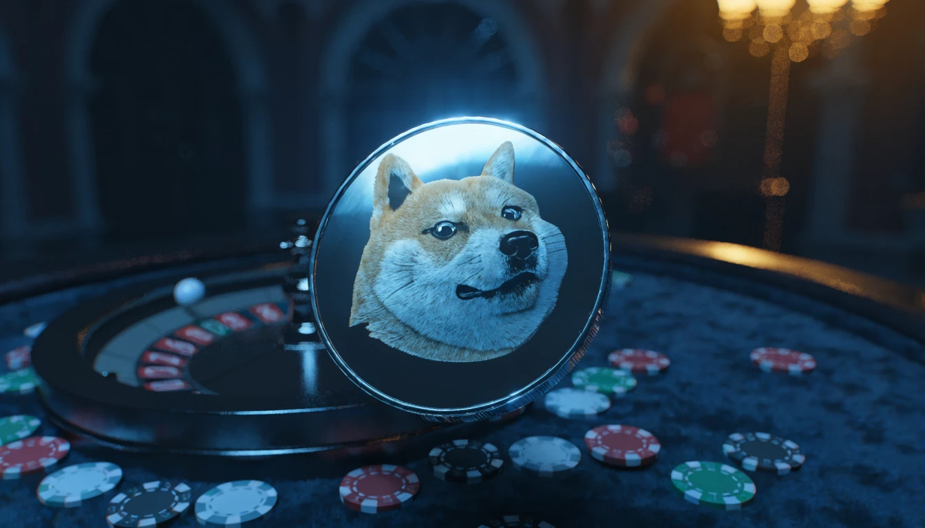 Schwebende Dogecoin-Münze vor Roulette im Casino-Licht