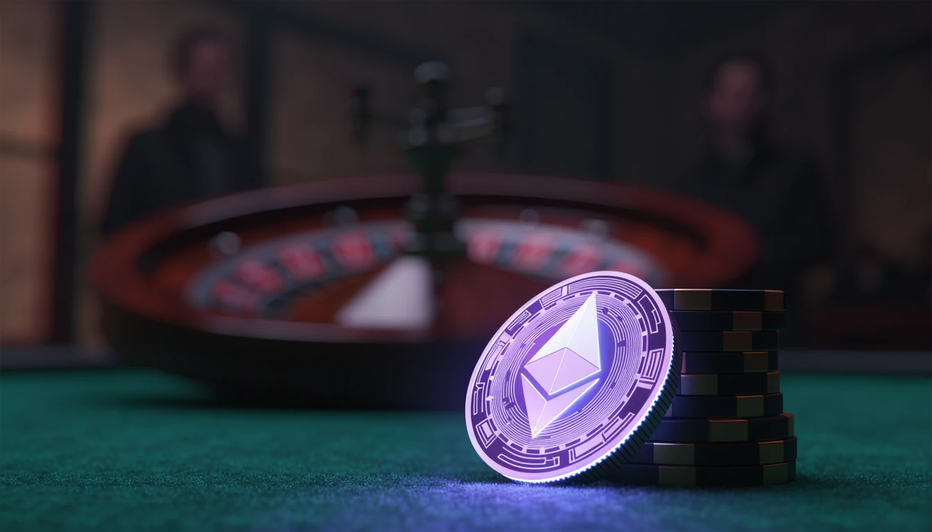 Ethereum-Münze auf Casino-Tisch mit Pokerchips und Roulette im Hintergrund