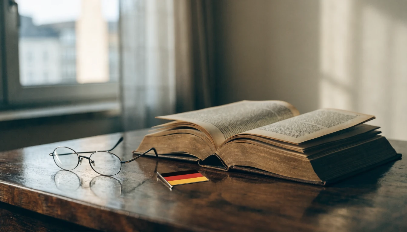 Aufgeschlagenes Rechtsbuch mit Lesebrille und kleiner Deutschlandflagge auf einem Schreibtisch.