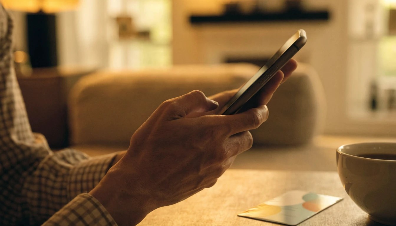 Hände halten ein Smartphone neben einem Geschenkgutschein auf einem Couchtisch