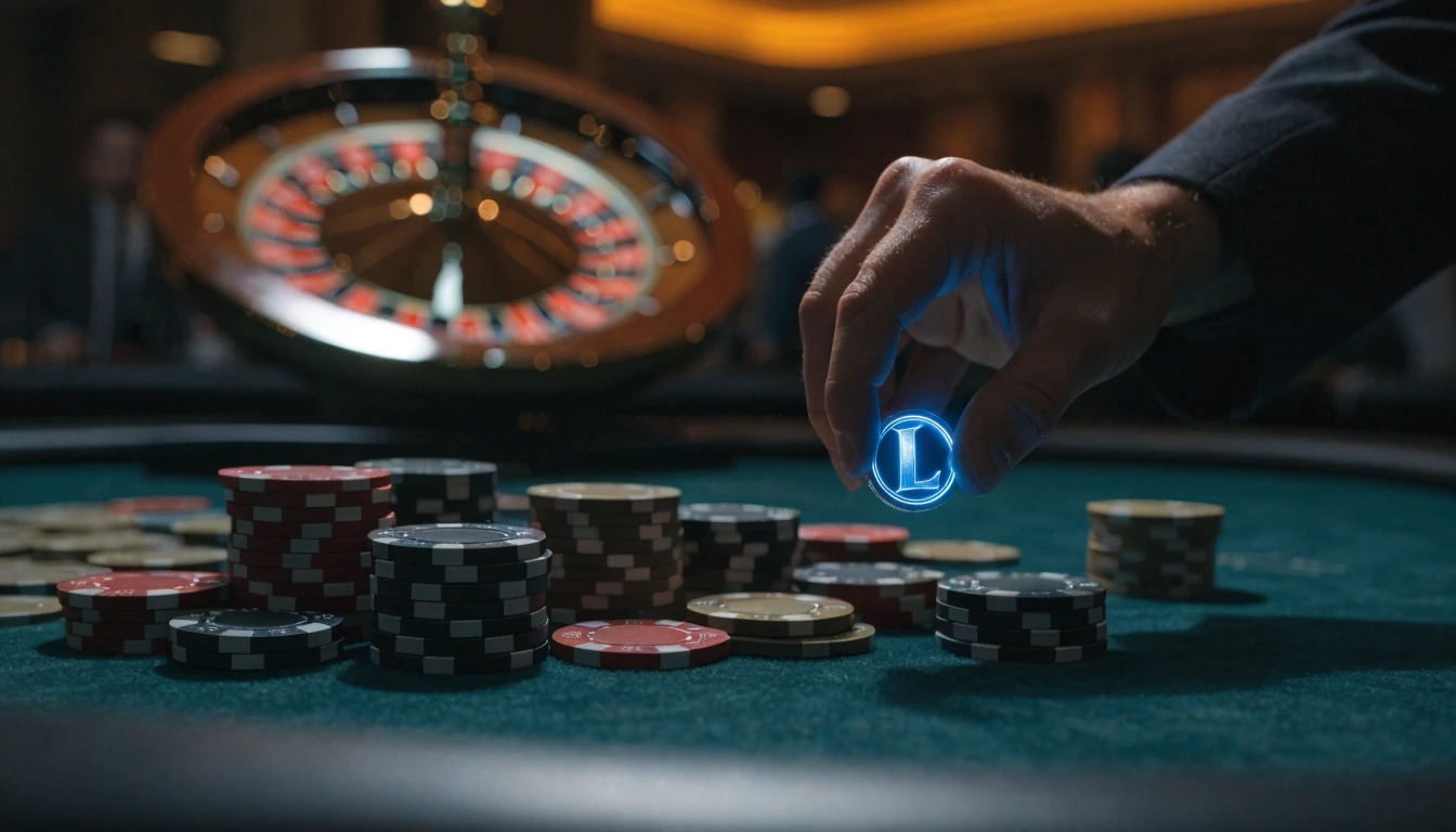 Hand hält silberne Kryptomünze mit L-Symbol über Casinotisch mit Chips und Roulette