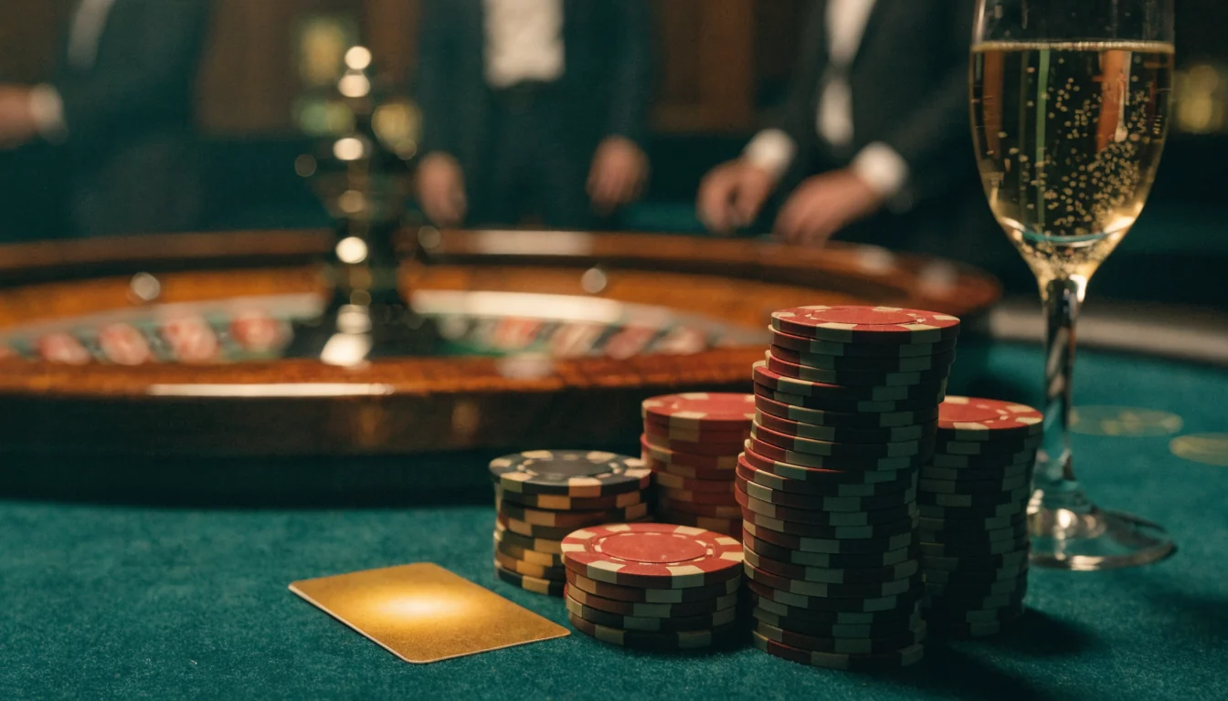 Glamouröser Casino-Tisch mit Jetons, Roulette und goldenem Bonus-Gutschein