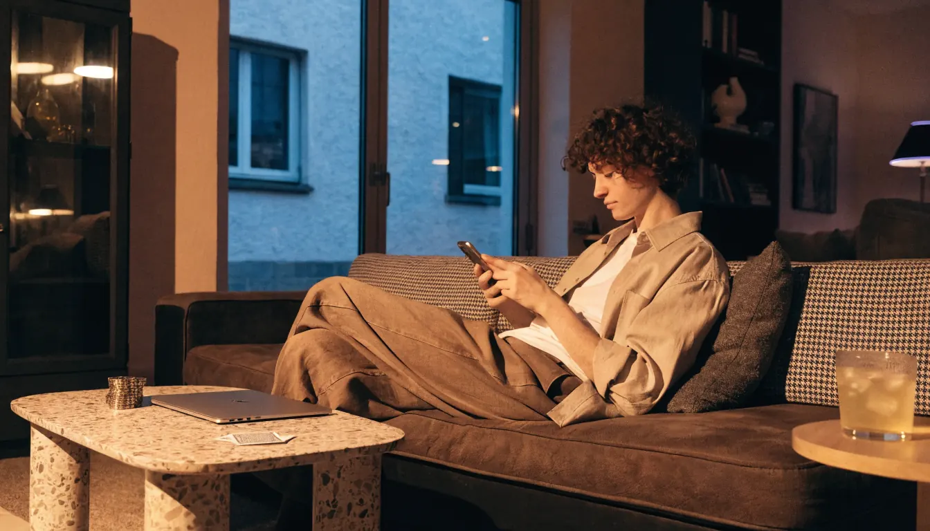 Spieler mit Smartphone und Casino-Chips im modernen Wohnzimmer