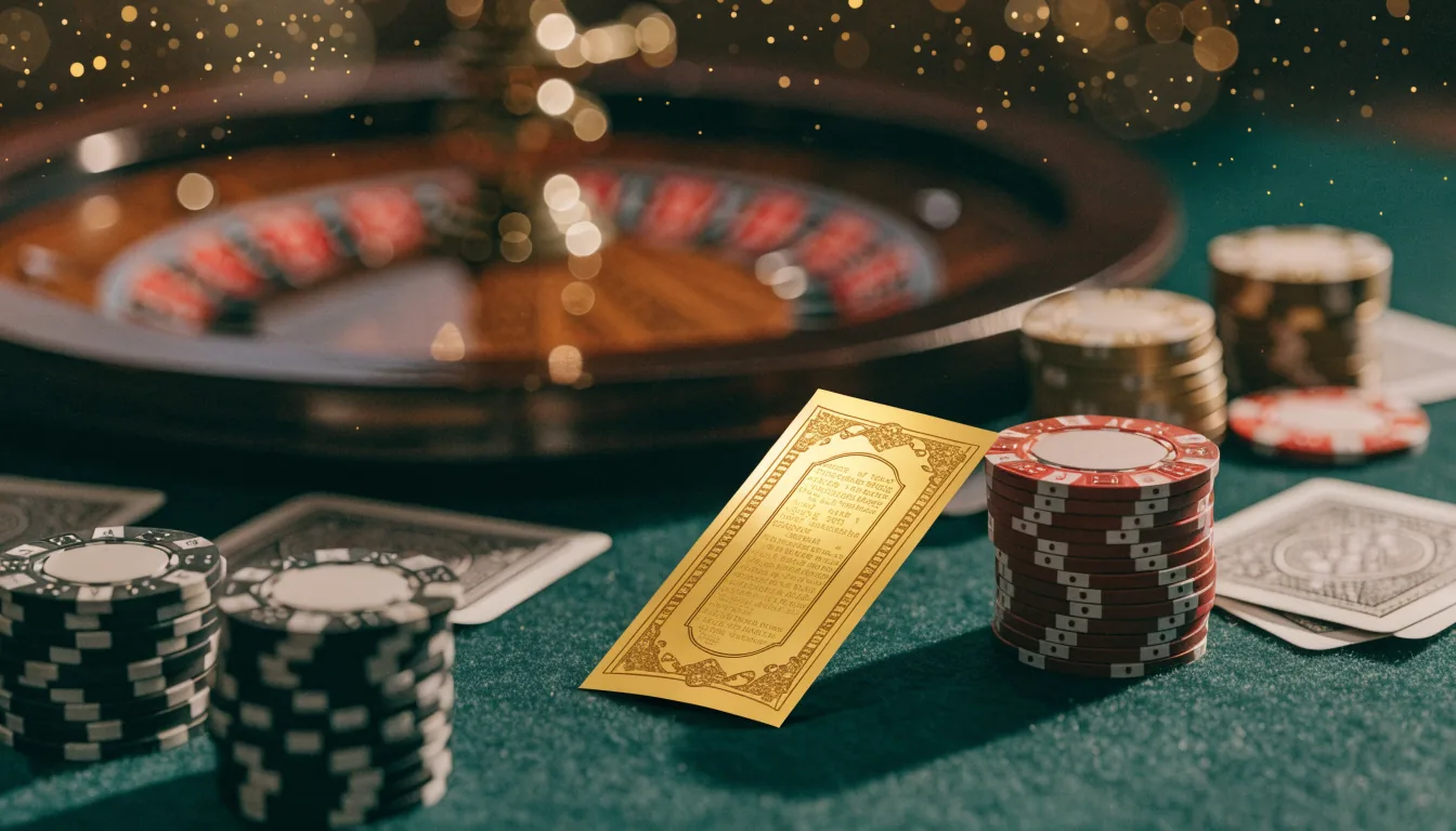 Goldener Casino-Gutschein mit gestapelten Jetons, Spielkarten und Roulette auf grünem Filztisch