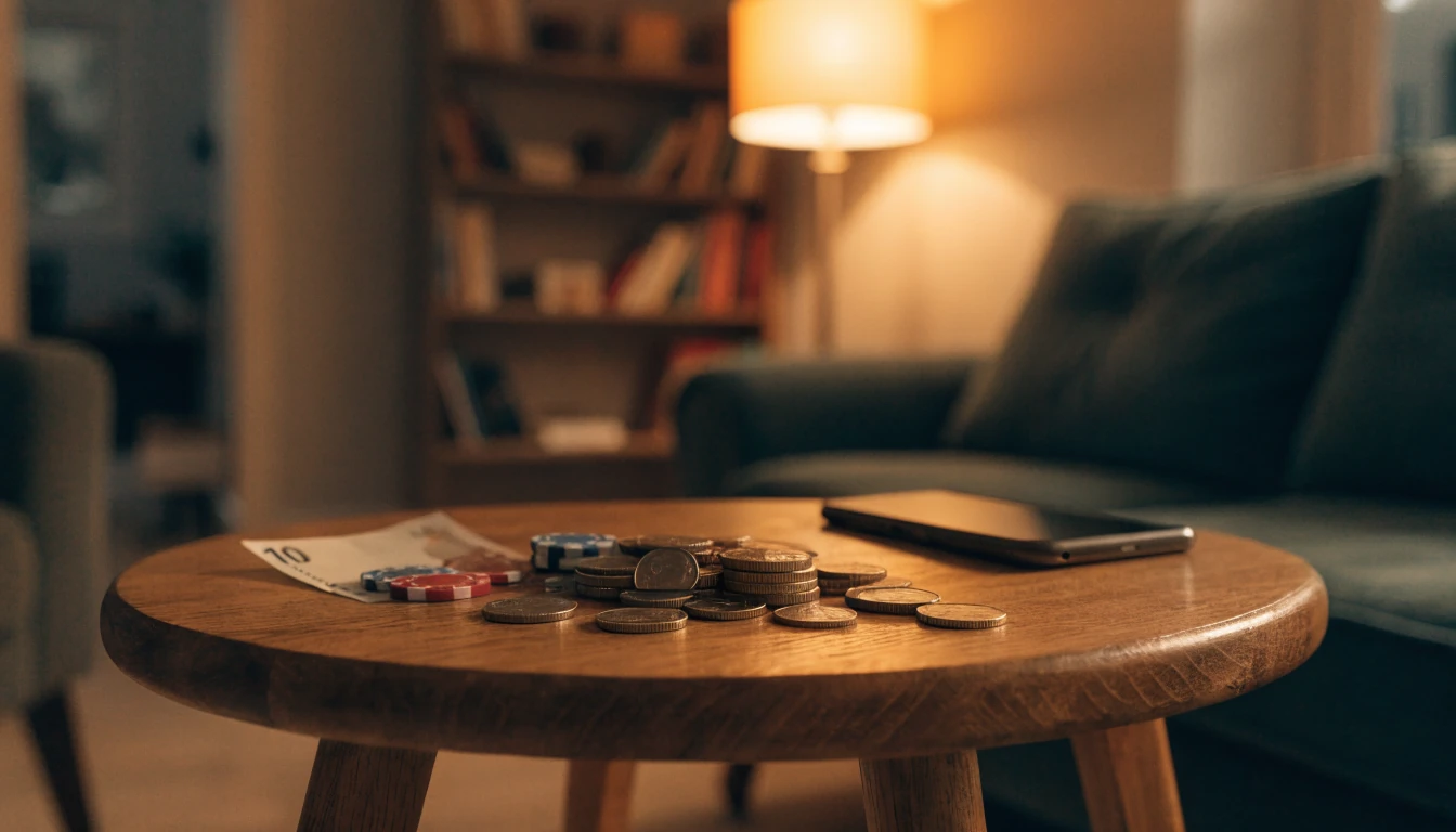 Euro-Münzen und Casino-Chips auf einem Holztisch neben einem Smartphone mit Bildschirm nach unten