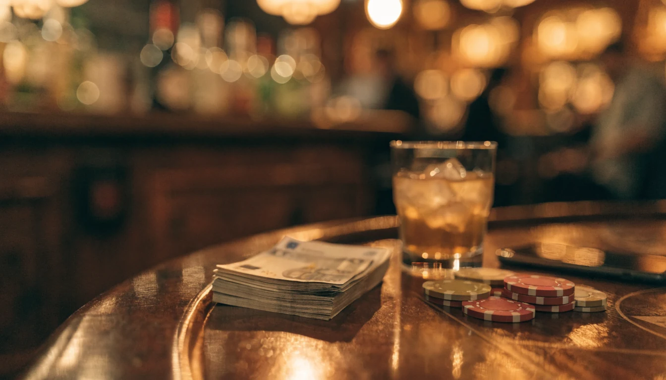 Euroscheine und Casino-Chips auf einem Holztisch im warmen Lounge-Licht.