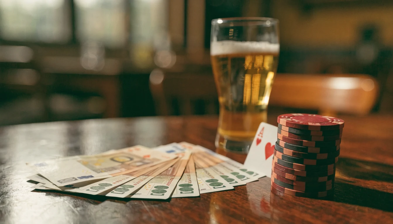 Euro-Geldscheine, Casino-Chips und Spielkarte auf dunklem Holztisch mit Bierglas