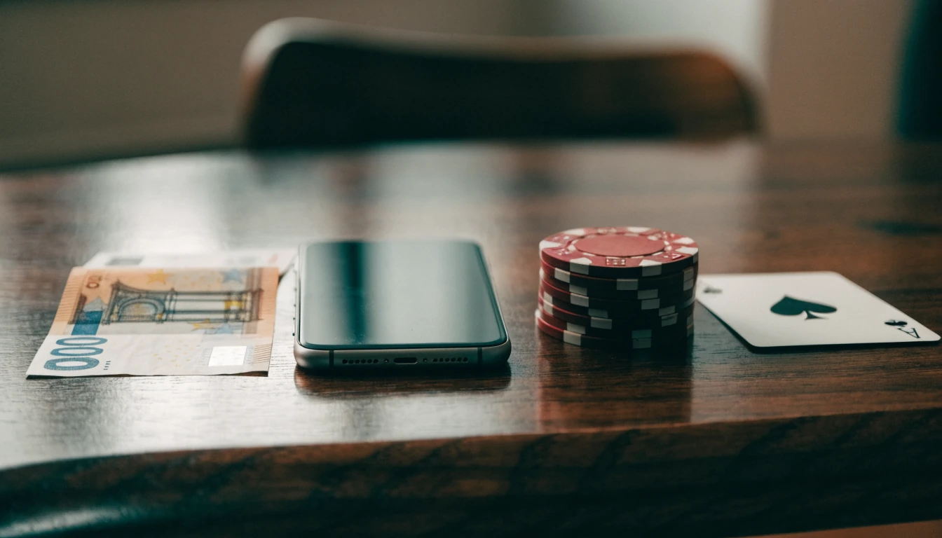 20-Euro-Schein neben Smartphone mit Casino-Chips und Spielkarte