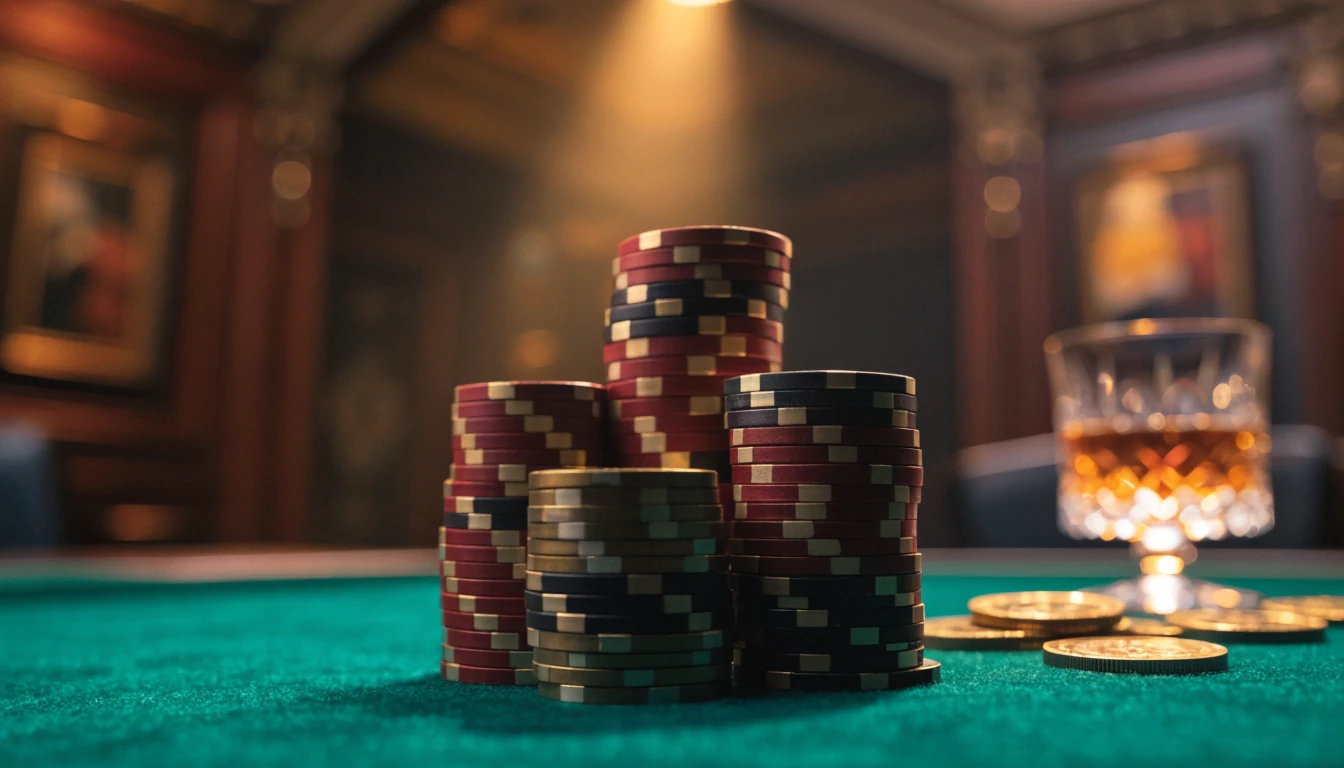 Stapel von Casino-Chips und Goldmünzen auf grünem Spieltisch