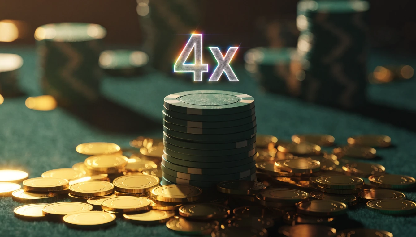 Stapel Casino-Chips mit leuchtendem 4x Multiplikator auf grünem Filz
