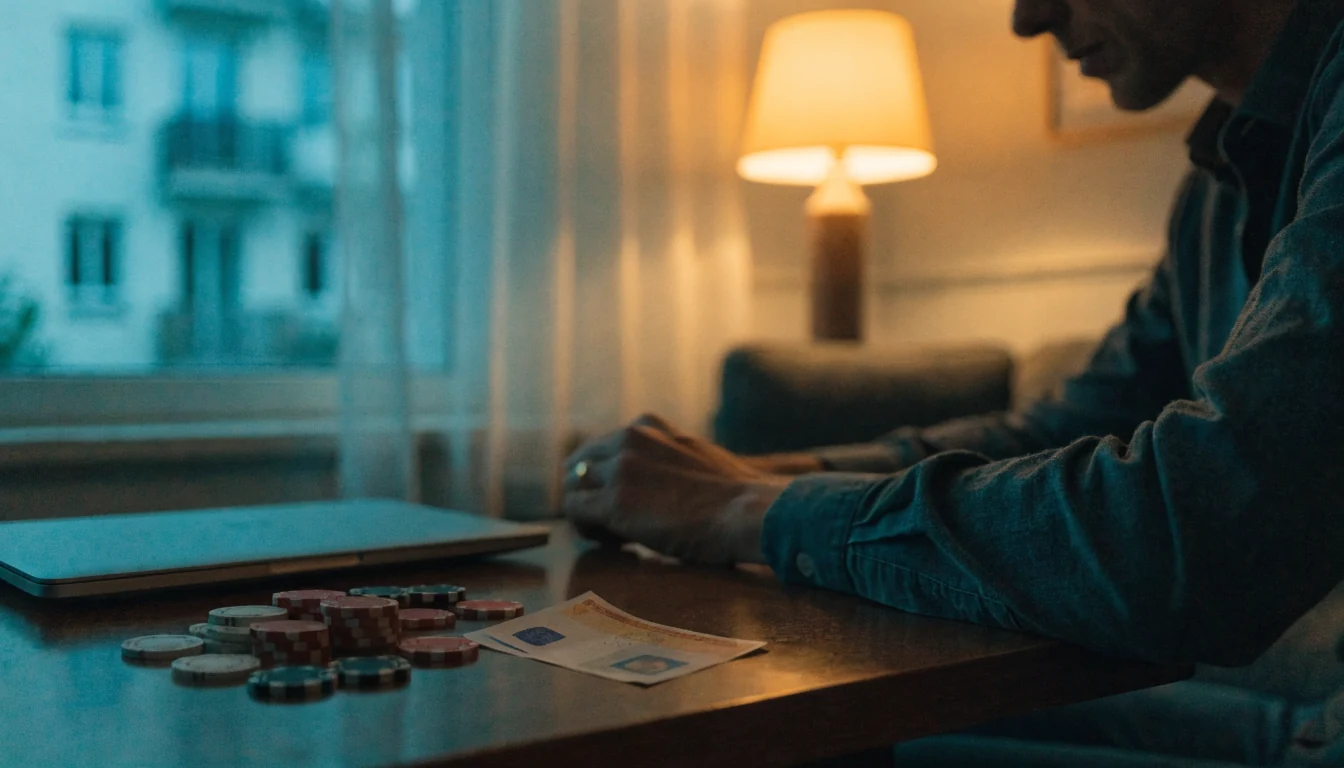Spielszenario mit 5-Euro-Schein und Chips auf einem Tisch in deutscher Wohnung.