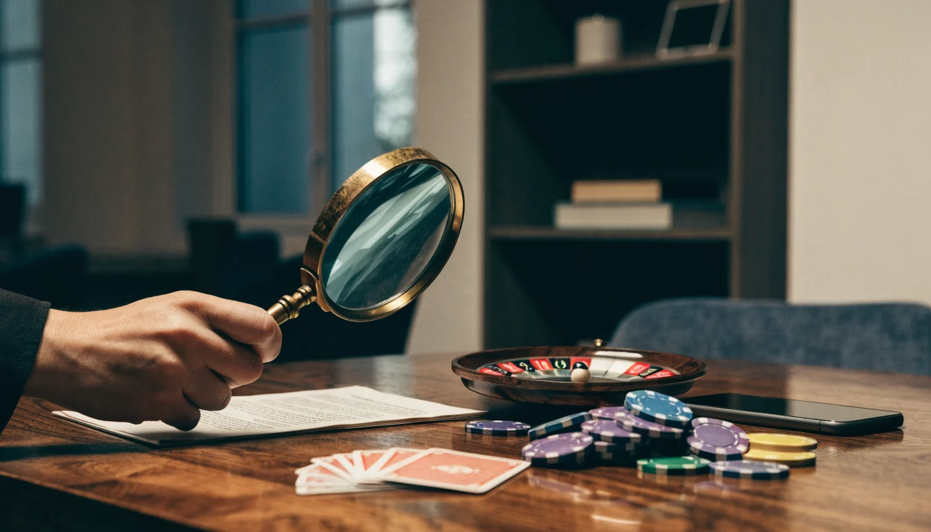 Lupe über Casino-Chips und Spielkarten auf einem dunklen Tisch mit Smartphone
