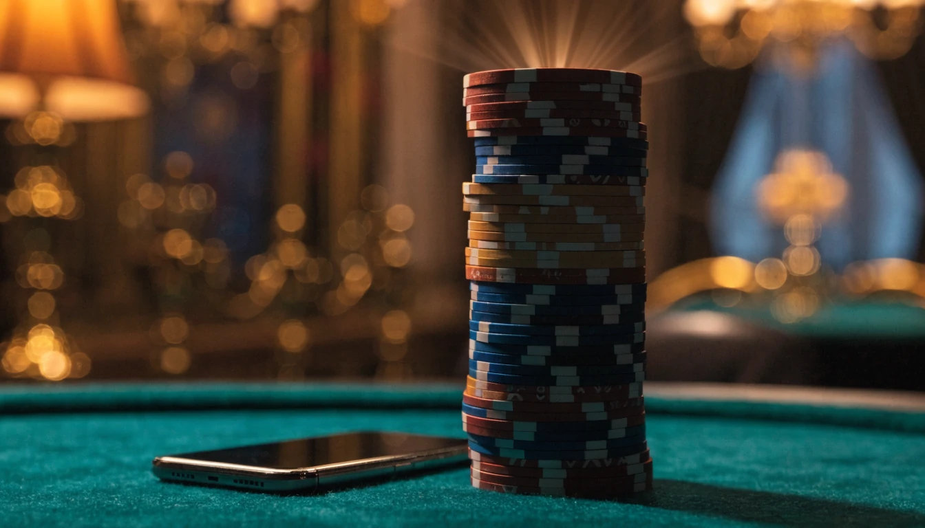 Stapel bunter Casino-Chips auf grünem Filztisch mit Smartphone und goldenem Bonusglanz