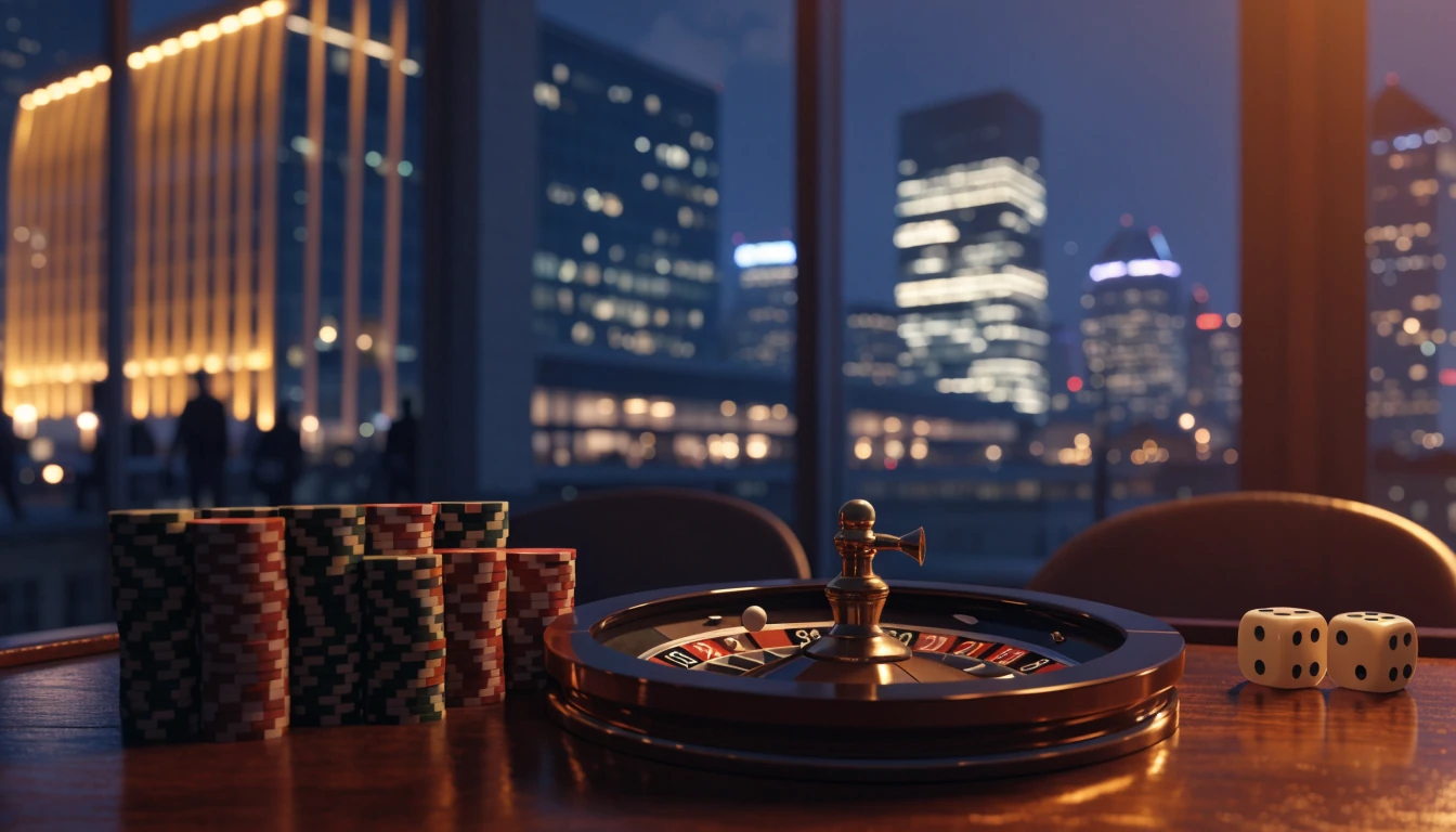 Stilisierte Casinoszene mit Jetons, Roulette und Würfeln in einer modernen deutschen Stadt bei Nacht