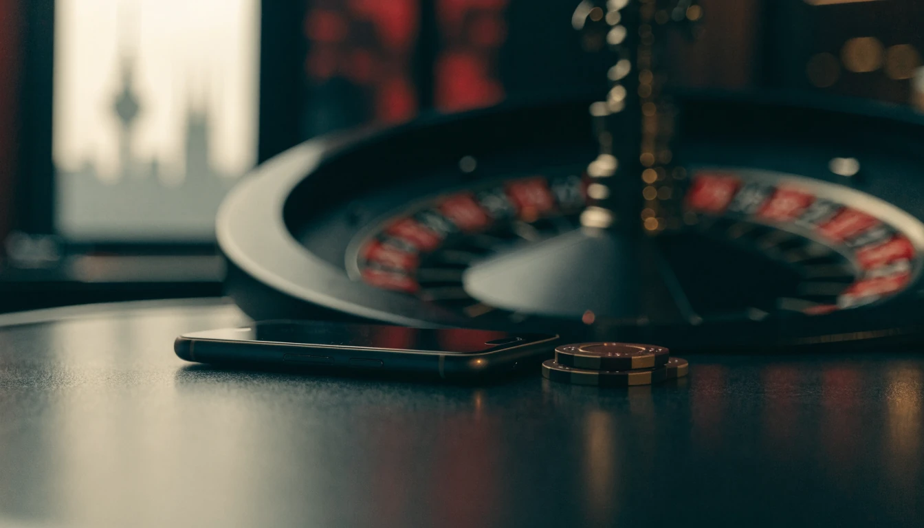 Smartphone neben Casino-Chips und Roulette auf einem Tisch