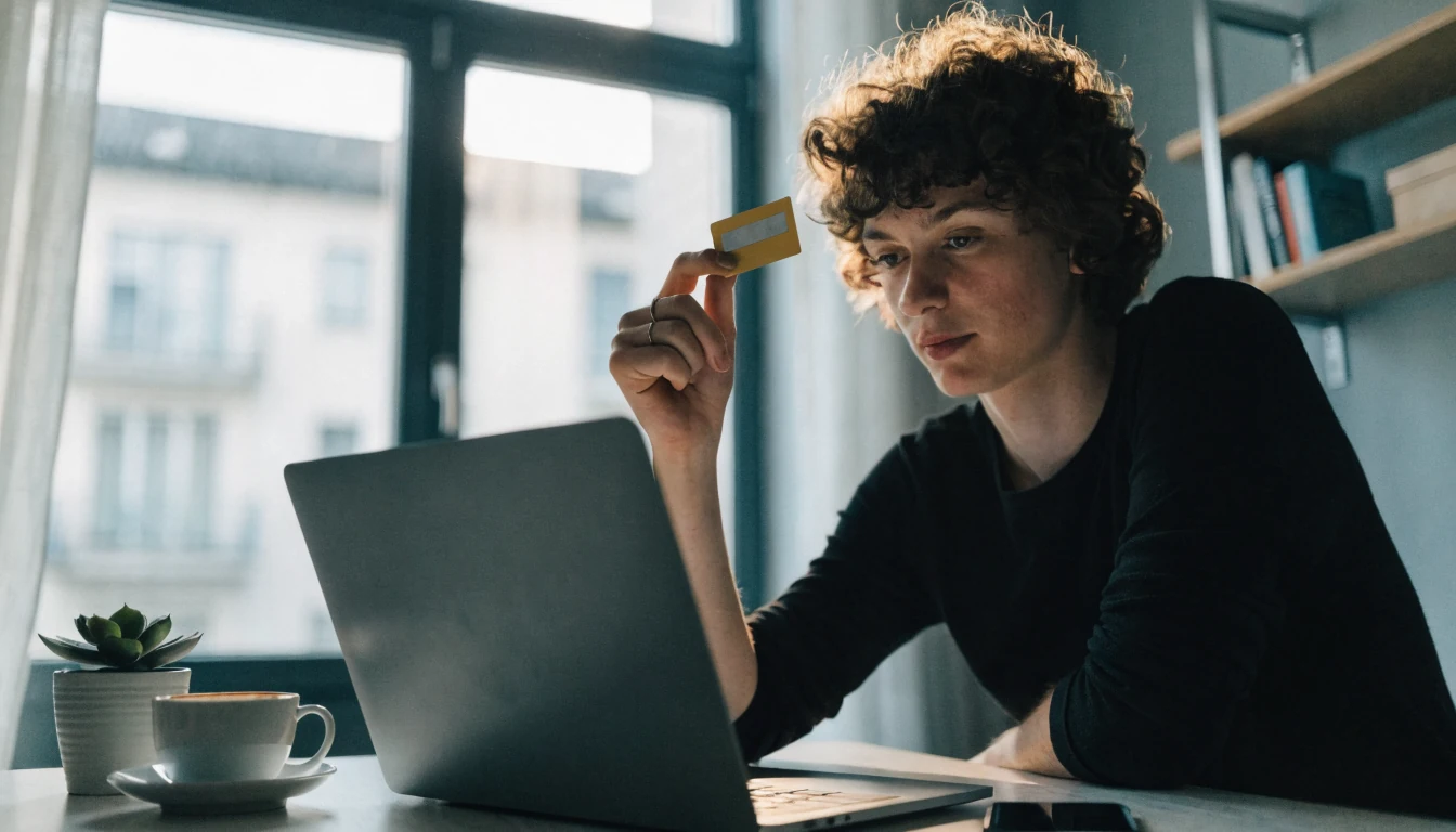 Person hält eine gelbe Prepaid-Karte neben einem zugeklappten Laptop auf einem modernen Schreibtisch.