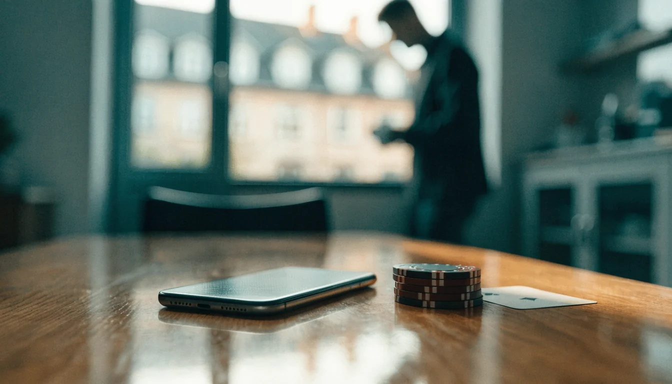 Smartphone mit Poker-Chips auf modernem Tisch