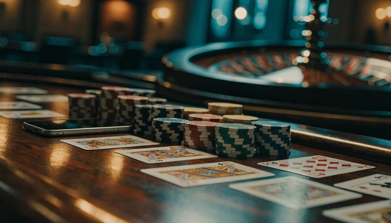 Eleganter Casino-Tisch mit gestapelten Spielchips, Karten und Rouletterad im Hintergrund