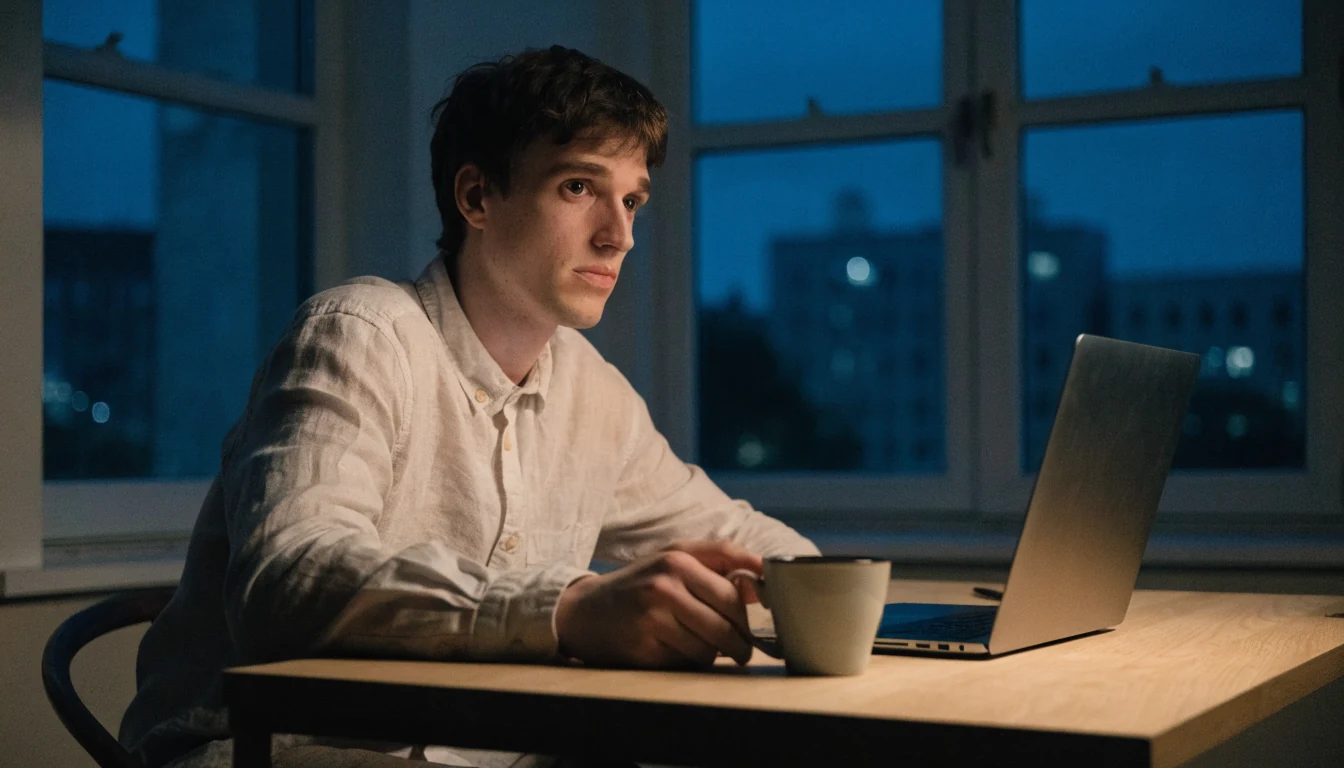Nachdenklicher Mann bei Nacht mit geschlossenem Laptop