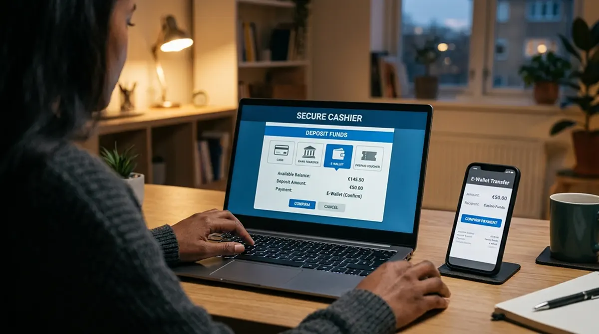 Person am Laptop bei Casino-Einzahlung mit Smartphone für Wallet-Bestätigung