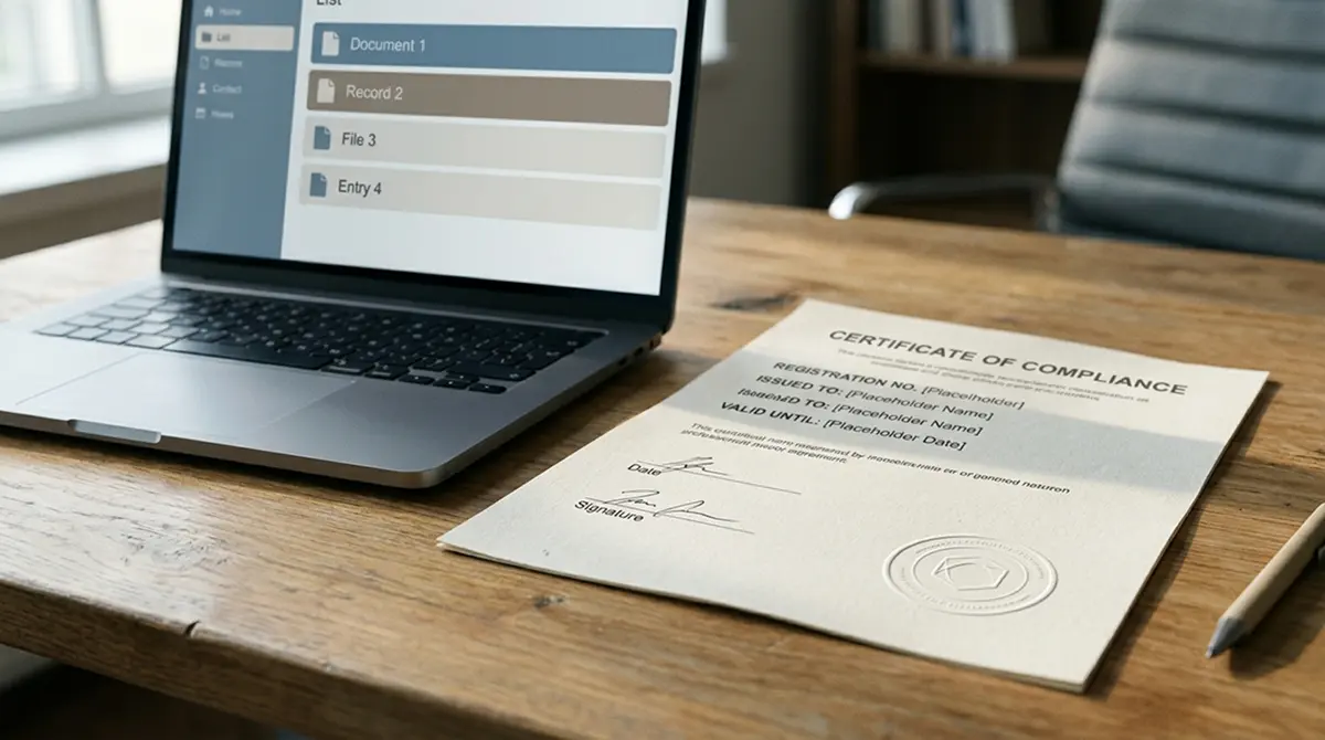 Amtliches Lizenzdokument mit Stempel neben einem Laptop mit neutraler Casino-Übersicht
