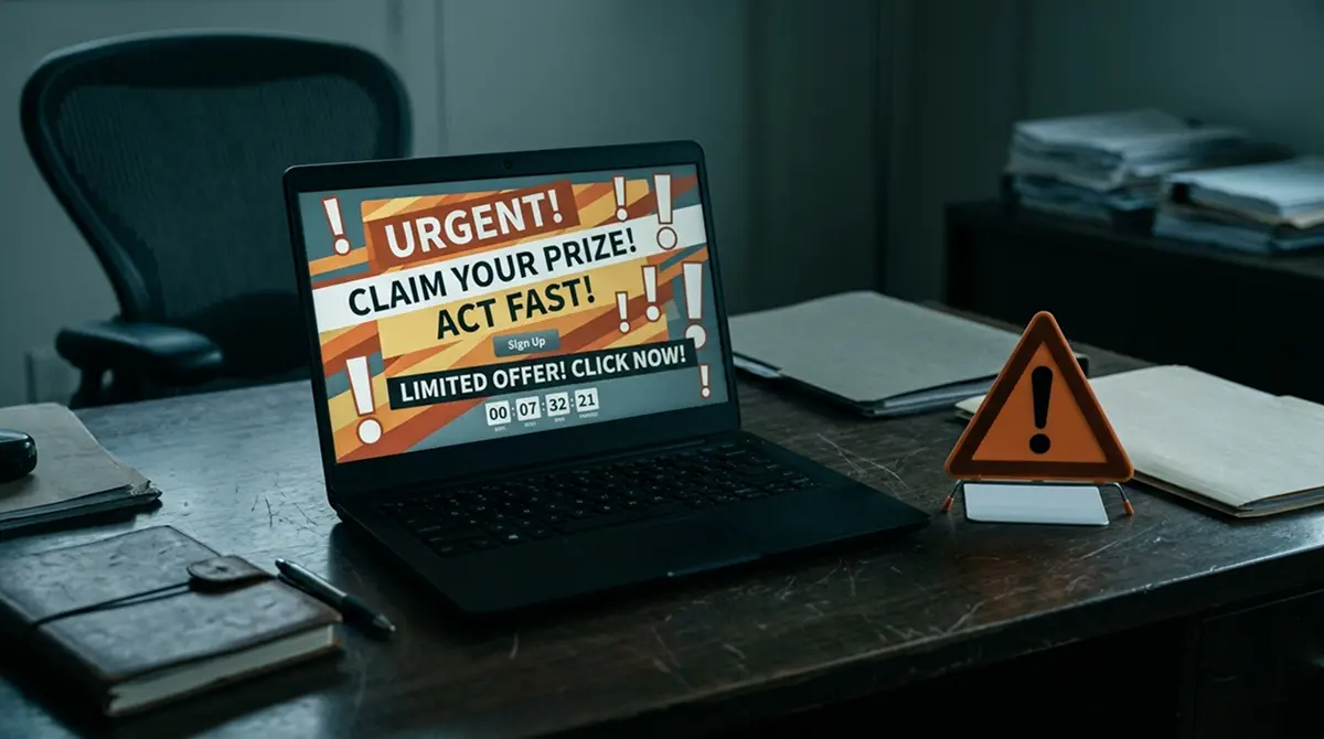 Warnschild-Symbolik an einem Laptop mit unseriöser Bonus-Werbung für ein Klarna-Casino