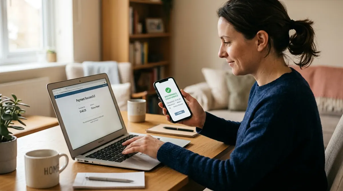 Person am Laptop bei einer Online-Banking-Bestätigung für eine Klarna-Einzahlung im Casino