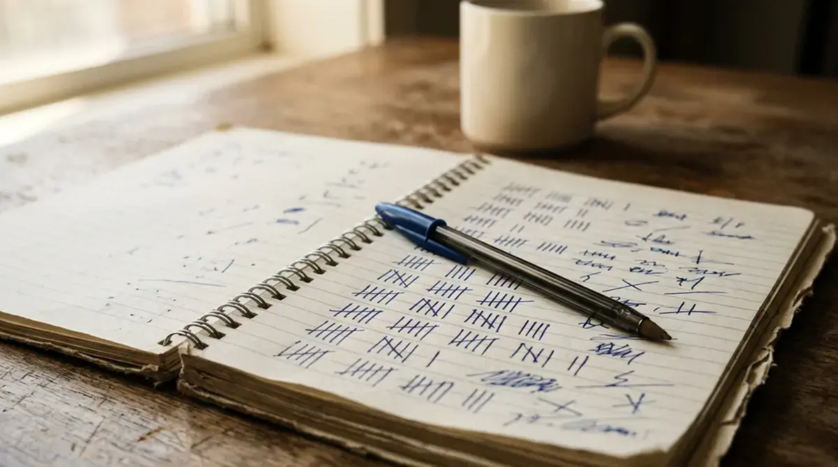 Notizblock mit handschriftlicher Aufstellung von Drehungen und Guthaben