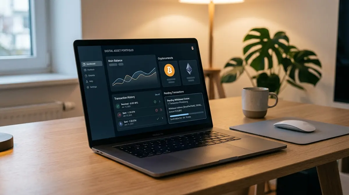 Laptop-Bildschirm mit Krypto-Wallet und Casino-Auszahlungsübersicht