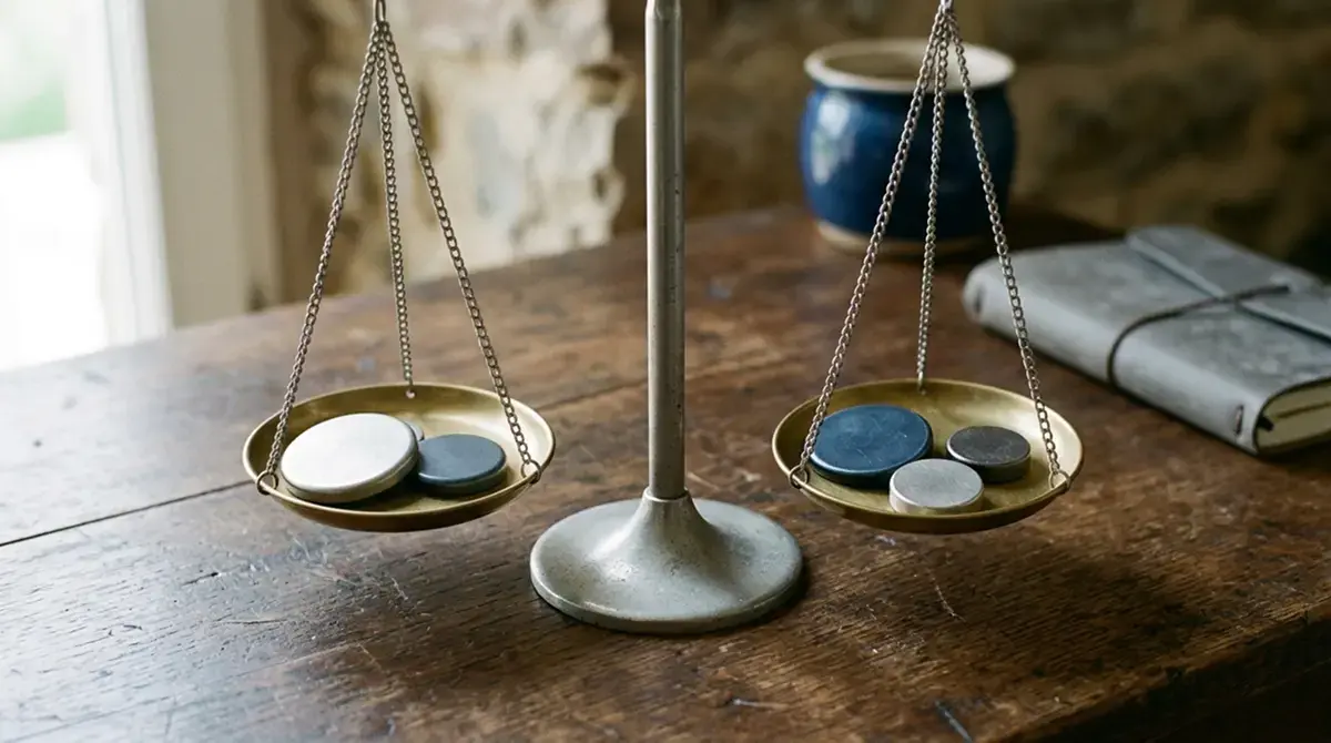 Symbolische Coin-Token unterschiedlicher Größe auf einer Waage als Bild für Netzwerkgebühren