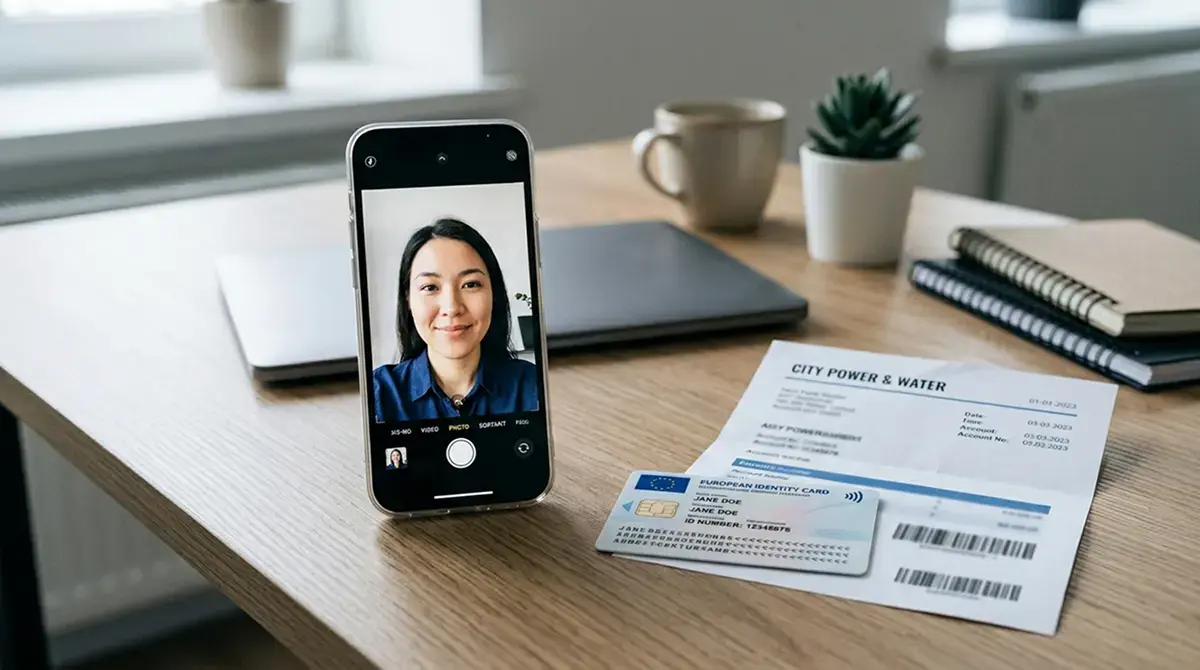 Schreibtisch mit Ausweisdokument, Smartphone mit Selfie-Kamera-Ansicht, Stromrechnung daneben, ruhiges Tageslicht