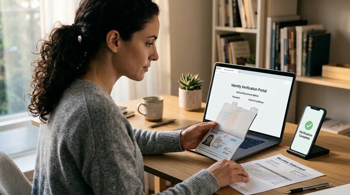 Person am Laptop mit KYC-Dokumenten zur Verifizierung